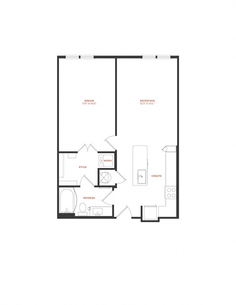 Floor plan for 1 bed, 1 bath, 665 sqft